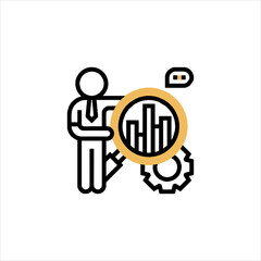 Businessman analyzing financial data with magnifying glass and gear, representing strategic planning and problemsolving in a modern business environment.