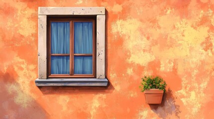 Orange stucco wall with window, plant, and sunlight.
