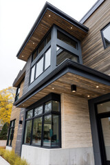 Contemporary home facade with black rain gutter contrasting natural wood cladding and soffits accented by recessed lighting
