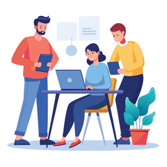 man sitting at his desk working on laptop, with woman standing near him holding phone, designed in flat style vector 
