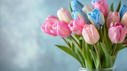 Fototapeta premium A beautiful arrangement of pink and blue tulips in a clear glass vase, showcasing vibrant colors against a soft, light background, perfect for decoration or gifting.