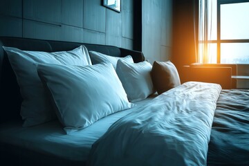 Modern Bedroom Interior with Soft Lighting and White Bedding