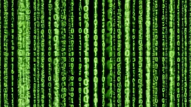 Green binary code streaming down on black background. Digital data rain pattern. Futuristic technology and programming concept visual background.