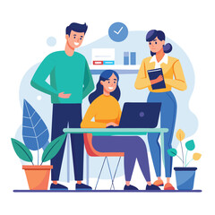 man sitting at his desk working on laptop, with woman standing near him holding phone, designed in flat style vector 
