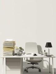 Minimalist home office setup with laptop, documents, and plant on a white desk against a neutral wall creating a calm and productive workspace in a modern style