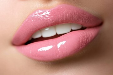 Obraz premium Close-up of glossy pink lips with smooth texture and natural smile