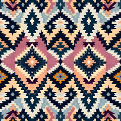 Elegant Finnish Ryijy rug in twilight hues and geometric harmony, seamless pattern.