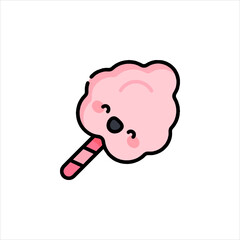 Cute pink cotton candy smiles sweetly, held on a striped stick, against a plain white backdrop, radiating joy and sweetness.