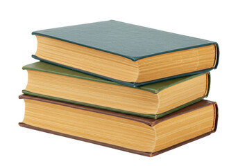 Stack of three hardcover books with aged pages isolated on transparent background