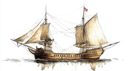 Naklejka premium Antique ship art, vintage-style drawing of Magellan Concepcian, accurately depicted on a minimal white background