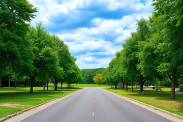 Obraz premium empty road in the middle of a park