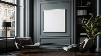Empty frame in dark grey room with city view, two armchairs