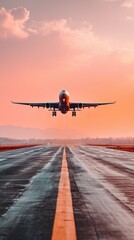 Fototapeta premium Airplane soars into the vibrant sunset sky on a runway adventure with a captivating front view shot during a travel journey with a clear sky.