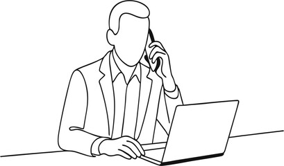 Minimalist one line art of a businessman talking on phone while working on a laptop at a desk. Simple black line on white background, modern office scene.