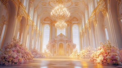 Sunlit grand hall with opulent decor, floral arrangements, and chandeliers.