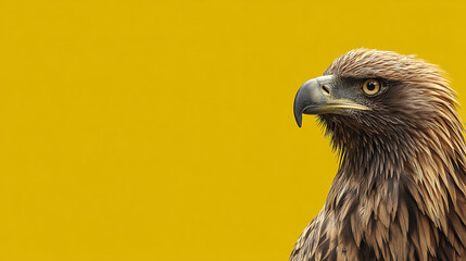 Naklejka premium Majestic eagle perched against a vibrant yellow backdrop, showcasing its fierce gaze and detailed feathers