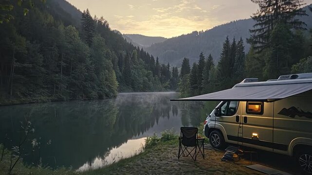 Camping van by lake at dawn