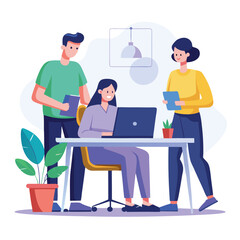 man sitting at his desk working on laptop, with woman standing near him holding phone, designed in flat style vector 
