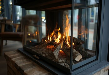 Modern Fireplace with Burning Logs