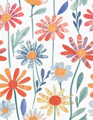 Hand-Drawn Watercolor Floral Seamless Print – Colorful Daisies and Foliage Background