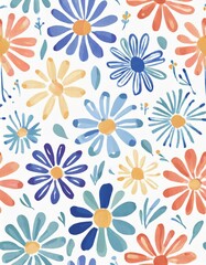 Seamless Watercolor Daisy Floral Pattern – Hand Painted Colorful Flowers on White Background showing spring theme , All over printing