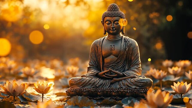Serene buddha statue amidst blooming lotus flowers a meditative journey into tranquility and zen garden spirit