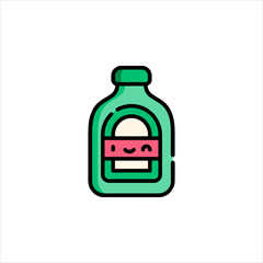 Cute green bottle with smiling face sitting on shelf in whimsical style, perfect for children's book or playful brand identity.