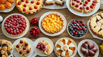 A table is covered with a variety of desserts and fruit, including cakes, pies, and fruit tarts. The desserts are arranged on white plates and platters, and the fruit is displayed on a wooden table