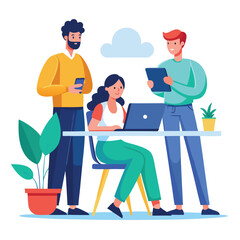 man sitting at his desk working on laptop, with woman standing near him holding phone, designed in flat style vector 
