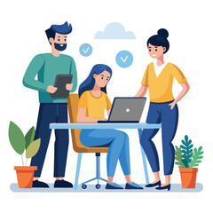 man sitting at his desk working on laptop, with woman standing near him holding phone, designed in flat style vector 
