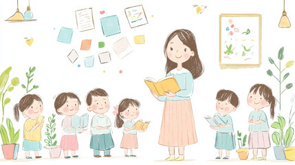 Obraz premium female teacher standing with her students featuring pastel colors on an isolated white background, creating charming illustrations suitable for nursery art, with hand-drawn element