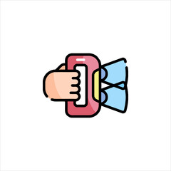 Hand holding smartphone streaming video with light rays emanating from screen, modern technology concept.