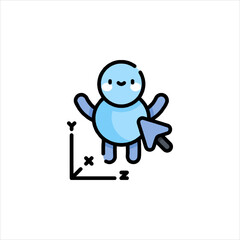 Cute blue character interacting with 3D coordinate system using a cursor for a digital interface, conveying simplicity and playfulness.