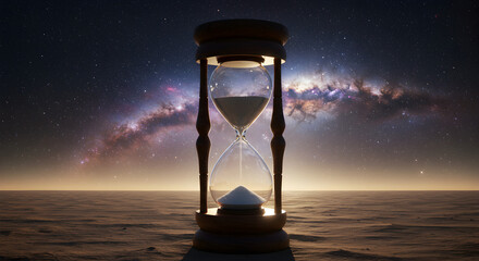 Classic Wooden Hourglass Flowing on Desert Sands Under a Night Sky with a Dazzling Galaxy and Stars