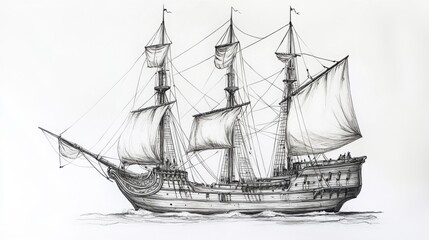 Historic pen drawing of Concepcian, Magellan famous expedition ship with detailed rigging on a white background