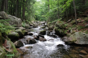 Obraz premium Serene woodland stream cascading over mossy rocks in lush green forest tranquil nature scene