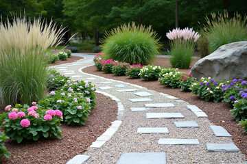 garden with lots of colorful flowers and rocks