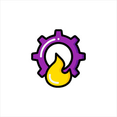Purple gear with yellow flame symbolizing innovation and technological advancement on white, representing creativity and progress in a modern world.