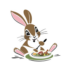 A cartoon style brown rabbit is sitting and eating food from a plate with a spoon.