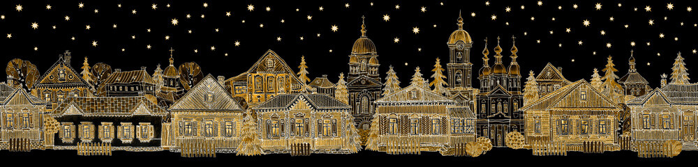 Fototapeta premium Seamless border pattern of fairy tale wooden houses street, churches, trees. Hand drawn golden sketch on a starry sky black background