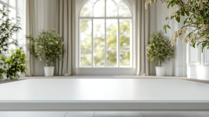 Fototapeta premium Empty white table in a light-filled room with greenery