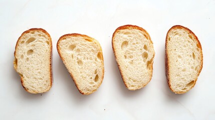 Naklejka premium Sliced sourdough bread on white marble background showcasing texture and crust for culinary projects and food photography with a bright and clean aesthetic top view angle