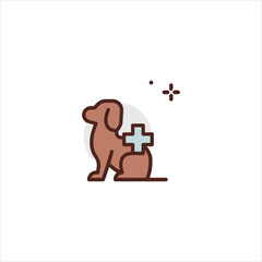 Brown dog sits patiently with a medical cross symbol indicating veterinary care and animal health in a minimalist and clean style.