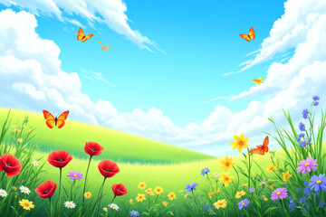 Fototapeta premium field of flowers and butterflies on a sunny day