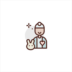 Smiling doctor stands next to a rabbit toy in a hospital room, representing healthcare and childhood innocence.