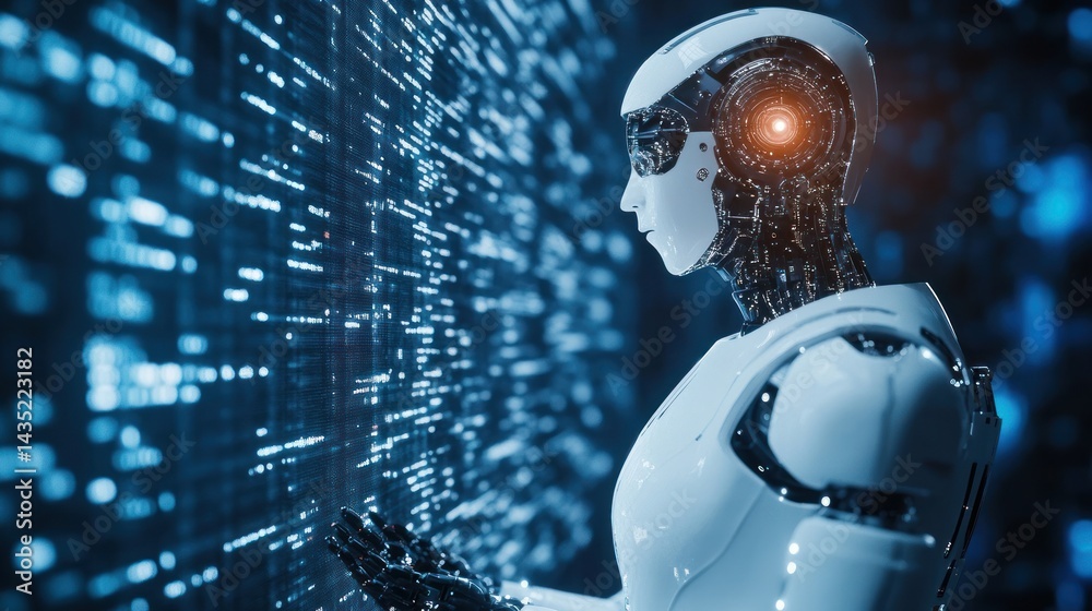 Leinwandbilder advanced robot interacts with digital code