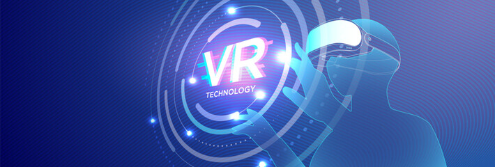 VR Technology concept showing a futuristic user with VR headset interacting with a virtual interface, glowing digital elements on a vibrant blue background.
