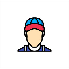 Faceless worker wearing blue cap and overalls stands ready for work, showcasing the skilled trades in a simple, modern style.