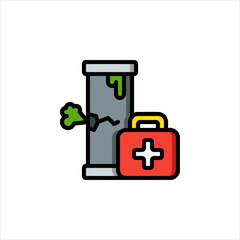 Leaking pipe needs repair next to first aid kit in industrial setting symbolizes emergency maintenance and safety measures.