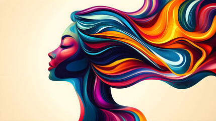 A vibrant silhouette of a woman's profile, with colorful waves flowing from her hair, symbolizing creativity and expression